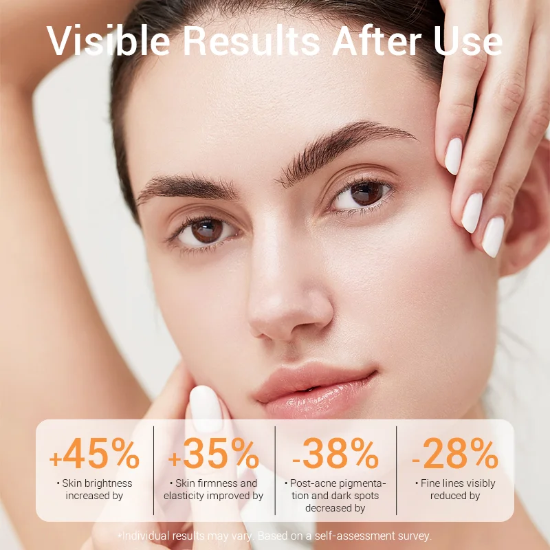 Close-up of a person touching their face with text overlay showing visible improvements from a skincare product, such as increased skin brightness and decreased pigmentation.
